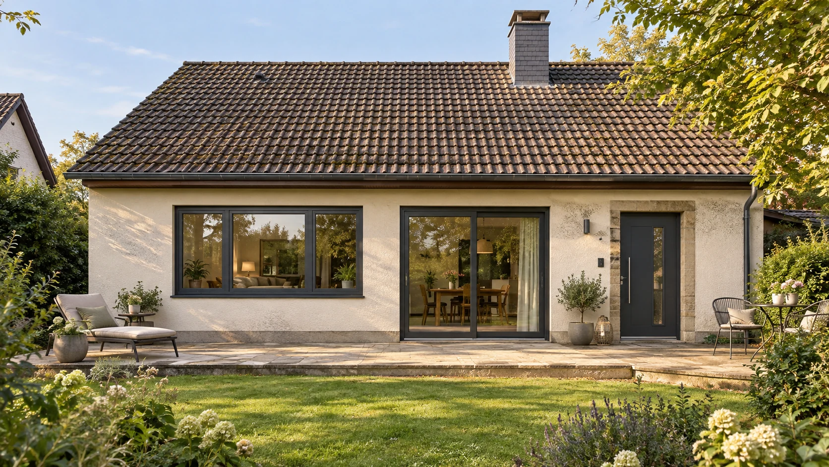 Visualisierung: dasselbe Haus mit modernen anthrazitfarbenen Fenstern und neuer Tür