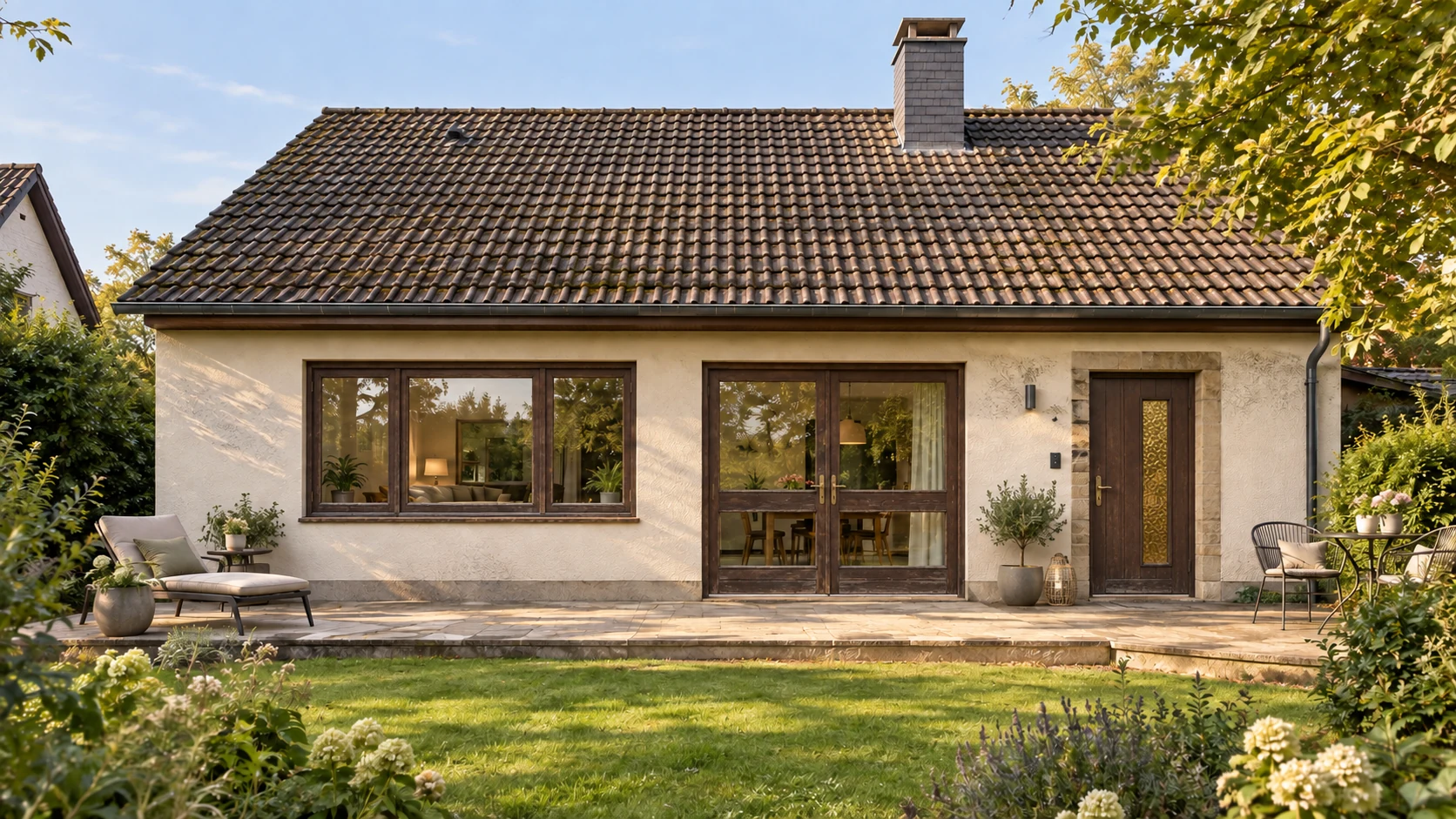 Visualisierung: bestehendes Haus mit alten braunen Holzfenstern