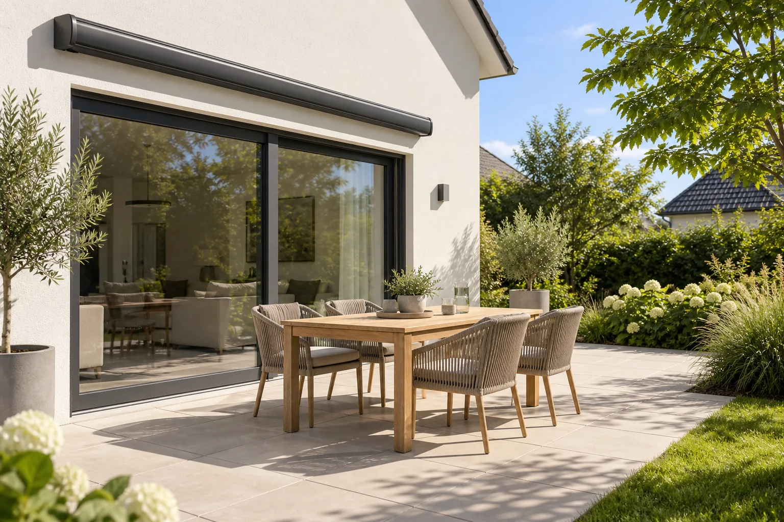 KI-Visualisierung: Terrasse mit eingefahrener Markise und Sitzbereich in der Sonne
